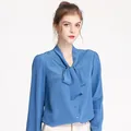 Elegant medium blue long sleeve silk shirt with a pussy-bow tie and satin finish - L / Aqua Blue