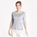 Elegant silver silk knit top for women with boat neck and three-quarter sleeves - Silver Grey