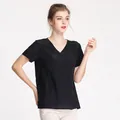 Women's V-neck mulberry silk short sleeve top in solid black with a loose fit - Black