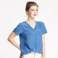 Women's V-neck heavy silk short sleeve top in elegant royal blue satin finish - Aqua Blue