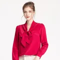 Elegant red long sleeve silk pussy-bow blouse with front buttons for women - L / Burgundy
