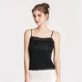 Schwarzes Damen Seidentop mit zarter Spitze am Ausschnitt und Saum für Sommer - M / Schwarz