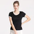 T-shirt femme en soie à manches courtes et col rond contrasté pour un look été élégant - Noir
