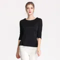 Top de punto de seda negra para mujer con mangas tres cuartos y cuello de barco - L / Negro