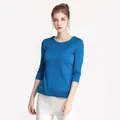 Top de punto de seda para mujer en azul real con cuello redondo y corte ajustado elegante - L / Azul Aguamarina