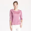 Elegant lavender silk knit T-shirt with three-quarter sleeves and a boat neck for women - Bean Paste Red