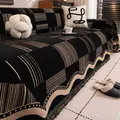 Vintage chenille sofa cover with black geometric patterns and beige tassel fringe edge - 180cmx130cm / Black Coffee