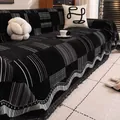 Retro black and white chenille plaid sofa cover with fringe tassels and geometric patterns - 180cmx130cm / Black