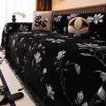 Thick black faux mink sofa cover with white floral pattern and elegant fringe edges - 180x130cm / Black