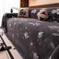 Dark grey faux mink sofa cover with white magnolia floral pattern and fringe trim - 180x130cm / Gray