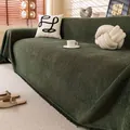 Waterproof dark green chenille sofa cover with textured jacquard and fringe edges - Green