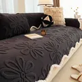 Dark grey plush sofa cushion with embossed sunflower pattern and white wavy fleece trim - 70x70cm / Gray