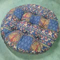 Close-up of Bohemian cotton linen round cushion with blue mandala and peacock patterns - New Pattern-15