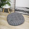 Detail of round Japanese floor cushion with black and white wave pattern on wood floor - Pattern-1