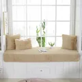 Beige plush bay window mat set with striped texture and matching soft cushions - 110cmx210cm / Camel