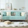 Thick plush mint green and white striped sofa cover set with anti-slip quilted texture - 70*70 / Lake Blue Plush