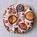 Bohemian round linen floor cushion with yellow mandala pattern and tufted design - Pattern 1