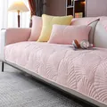 Quilted cotton sofa cushion in soft pink with leaf patterns and yellow pillow - 70*70 / Light Pink