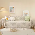 Couverture de canapé tissée nordique crème avec motifs géométriques et franges - 180x130 / Kaki