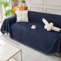 Funda de sofá de chenilla azul marino con flecos blancos y superficie de tejido texturizado - 180*130 / Azul marino