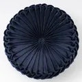 Navy blue round velvet pumpkin pillow with decorative central button and pleated design - Navy Blue