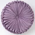 Round lilac velvet pleated pumpkin pillow with center button and vintage textured edges - Light Purple