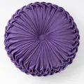 Deep purple velvet round pumpkin cushion with pleated sunburst design and woven trim - Purple