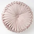 Pink velvet pumpkin floor cushion with pleated round design and center button detail - Pink