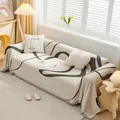 Crèmekleurige chenille bankovertrek met zwarte abstracte lijnen en decoratieve franjes - Liuyun-stijl / 180x150cm / donkergrijs