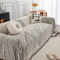 Modern chenille sofa cover in cream white with black abstract lines and fringe - 180x130 / Line Gray