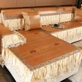 Detailed macro view of the bamboo sofa mat showing elegant floral print and lace edging - 60*60cm / White Moon