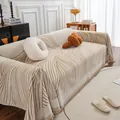 Beige chenille sofa cover with abstract brown lines and fringe tassels in ins style - 180x150 / Line Rice