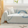 Abstract chenille sofa cover in beige and blue with fringe trim and matching pillow - Blue