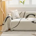 Abstract geometric line art chenille sofa cover with fringes in cream and black - Dark Gray