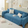 Morandi blue corduroy sofa cover with white scalloped edges and matching pillows - Blue
