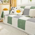 Green and white patchwork cat-scratch proof sofa cover with houndstooth and fringe - Small / Eternity (Green White)