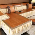 L-shaped summer bamboo sofa mat in dark brown with elegant lace edges and pillows - 60*60cm / Ancient Bamboo Style