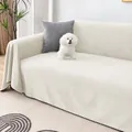 Detail of cream sofa cover with black pom-pom fringe edge and pet-friendly soft fabric - 180*90 / Single Layer / Beige