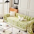 Bohemian grass green and beige chenille sofa cover with geometric patterns and tassels - 180x130 / Green