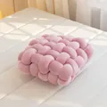 Coussin nœud tressé à la main en velours rose, oreiller décoratif carré pour canapé - Rose Pêche