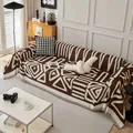 Bohemian brown and cream chenille sofa cover with geometric jacquard patterns and tassels - 180cm x 90cm / Chocolate
