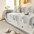 Chenille sofa cover with grey stars and stripes pattern featuring fringe tassels - 180x380cm / Gray