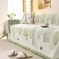 Chenille sofa cover with green stripes and stars, reversible fabric with fringe trim - 180x380cm / Green