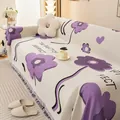Thick chenille sofa cover blanket with purple floral print and fringe edges in cream - 180*130 / Purple