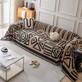 Bohemian chenille sofa cover with black geometric patterns and fringe edges - 180*90 / SD# Bohemian - Light Coffee