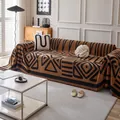Ethnic chenille sofa cover with brown geometric patterns and tassel fringe details - 180*90 / SD# Bohemian - Brown