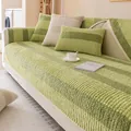 Thick faux rabbit fur sofa cushion with green striped knit texture and matching pillows - 70*70 / Green