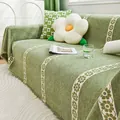 Funda de sofá de chenilla verde hierba con cintas de jacquard floral y flecos - Serie Beirong / 180x130cm / Verde Beirong