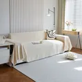 Cream chenille sofa cover blanket with waffle texture and tassels for a 3-seater couch - 180x90 / Beige