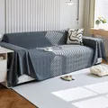 Copridivano testurizzato blu-grigio con motivo jacquard geometrico ed eleganti frange - Grigio scuro